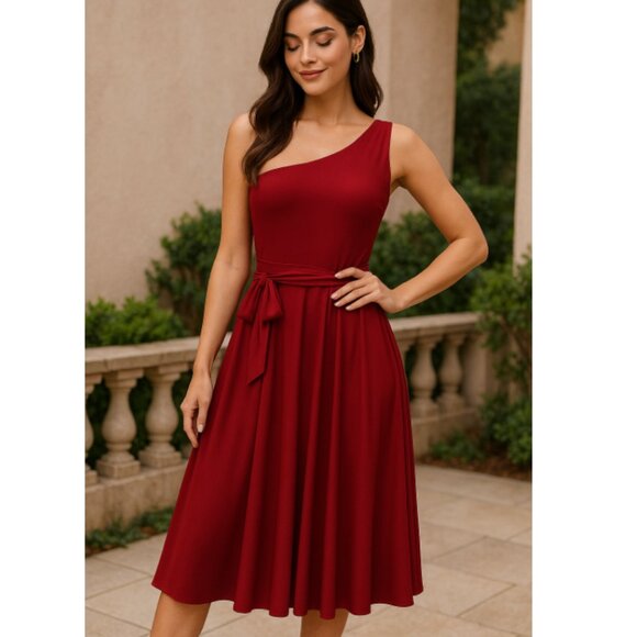 American Living One-Shoulder Elegant Belted Red Dress Size 8 - Picture 1 of 8